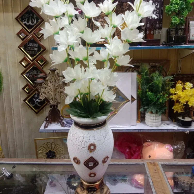 2-Piece Elegant Crackle Finish Vases with White Artificial Flowers