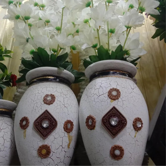 2-Piece Elegant Crackle Finish Vases with White Artificial Flowers