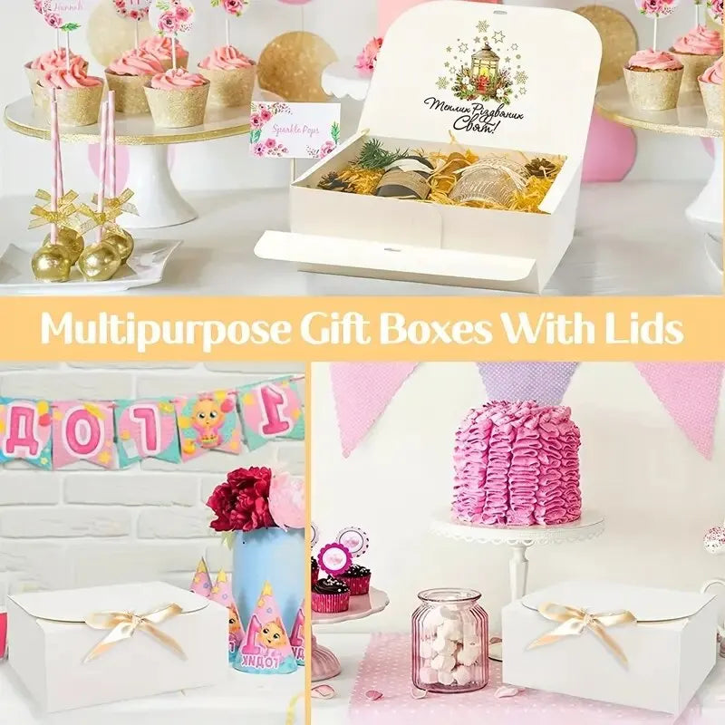 3pcs Large White All-In-One Gift Cardboard Box with Bow Ribbon Perfect for Party Weddings Birthday Holiday Candy Cookie Storage
