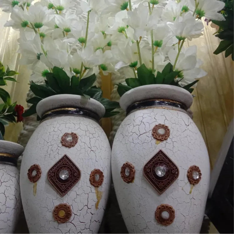 2-Piece Elegant Crackle Finish Vases with White Artificial Flowers
