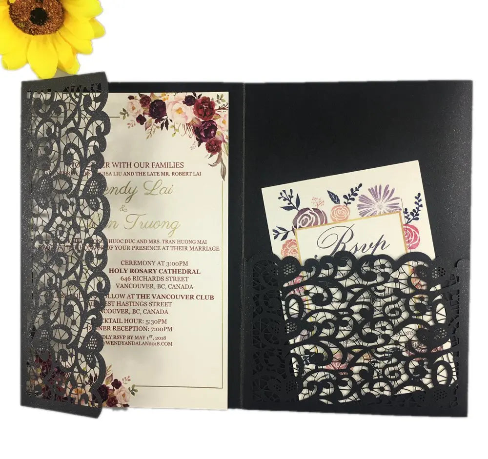 1pcs White Red Black Pink Navy Blue Laser Cut trifold Wedding Invitation Cards 3 fold Personalized Pocket Invite Customized RSVP