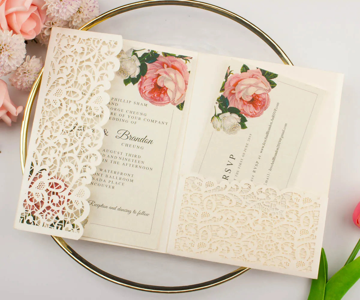 1pcs White Red Black Pink Navy Blue Laser Cut trifold Wedding Invitation Cards 3 fold Personalized Pocket Invite Customized RSVP