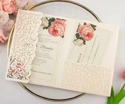 1pcs White Red Black Pink Navy Blue Laser Cut trifold Wedding Invitation Cards 3 fold Personalized Pocket Invite Customized RSVP