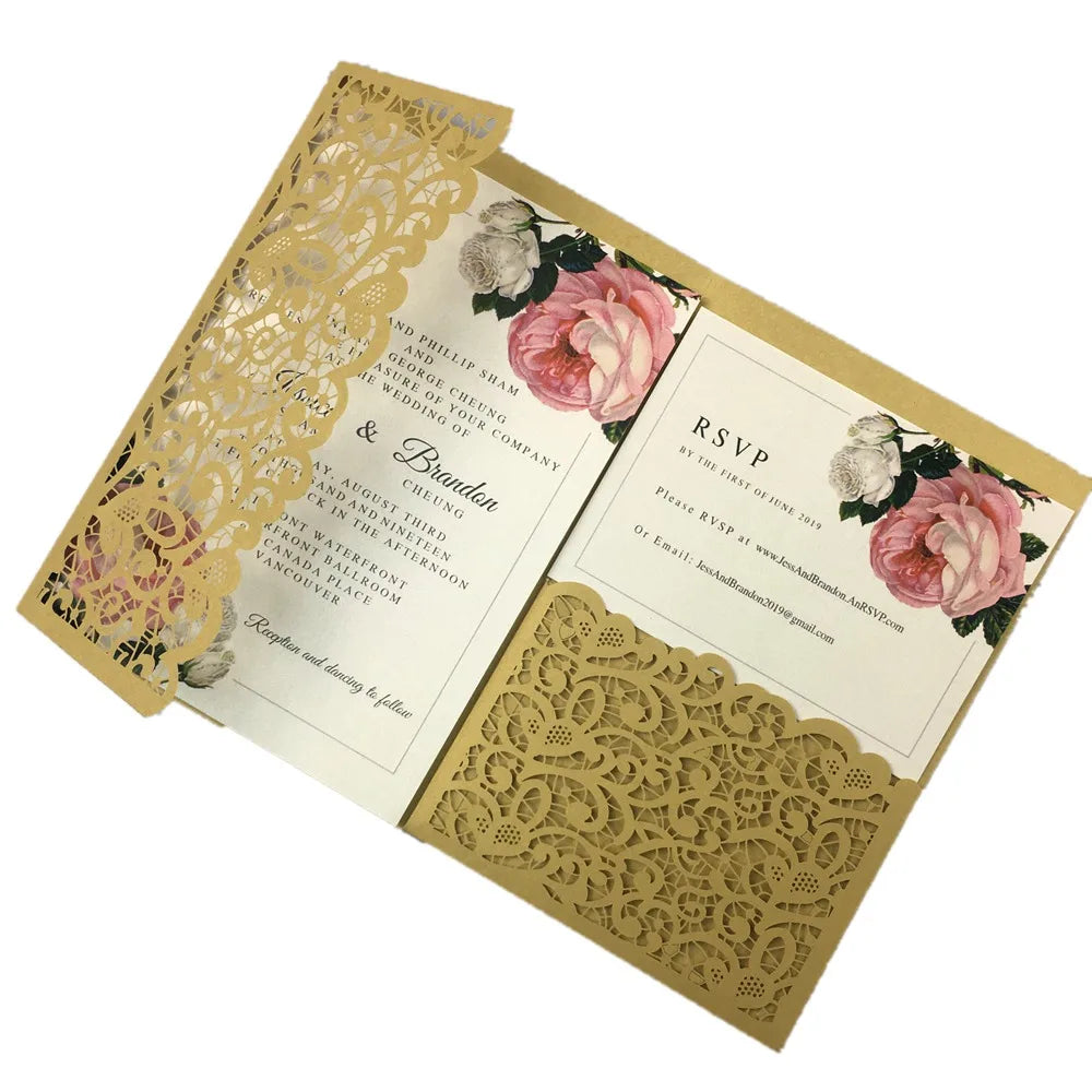 1pcs White Red Black Pink Navy Blue Laser Cut trifold Wedding Invitation Cards 3 fold Personalized Pocket Invite Customized RSVP