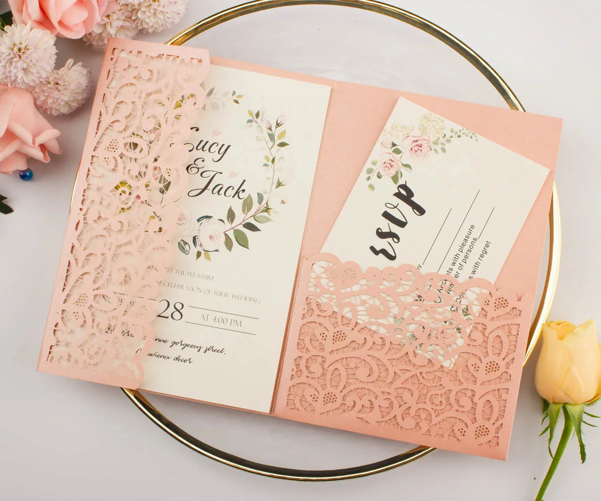 1pcs White Red Black Pink Navy Blue Laser Cut trifold Wedding Invitation Cards 3 fold Personalized Pocket Invite Customized RSVP