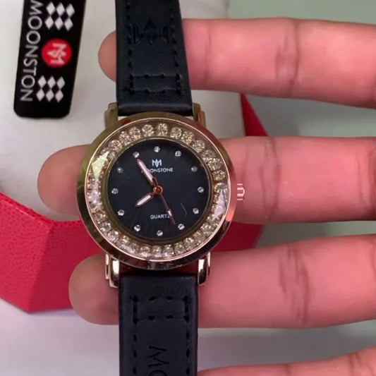 Moon Quartz Women’s Leather strap Watch with Crystal Bezel