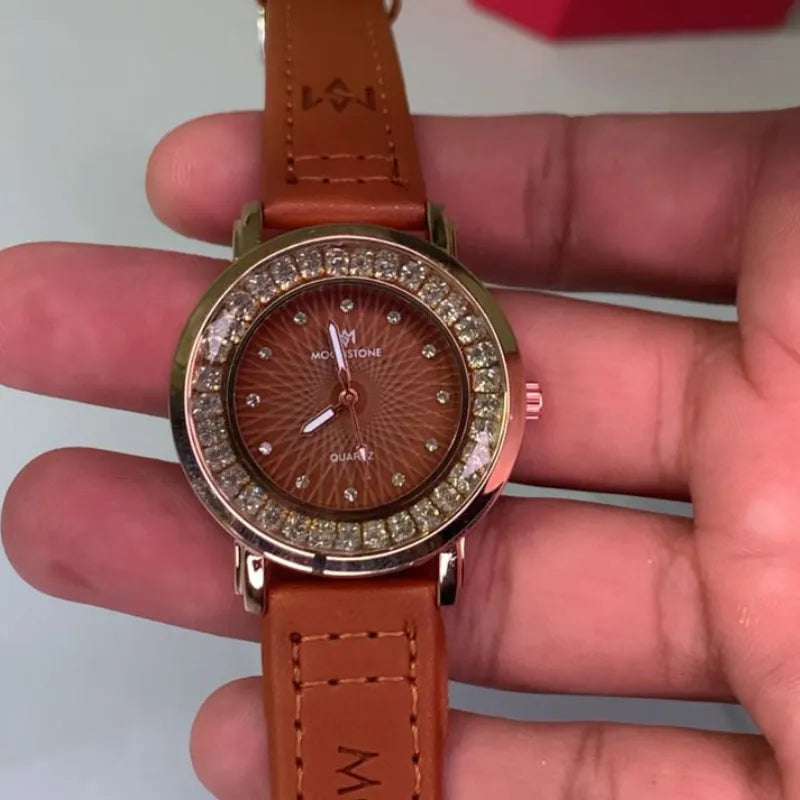 Moon Quartz Women’s Leather strap Watch with Crystal Bezel