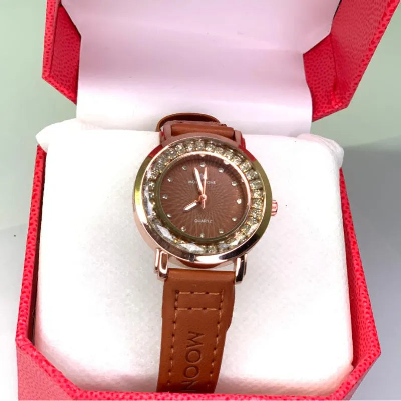 Moon Quartz Women’s Leather strap Watch with Crystal Bezel