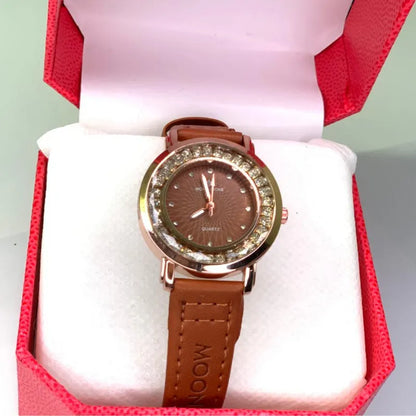 Moon Quartz Women’s Leather strap Watch with Crystal Bezel