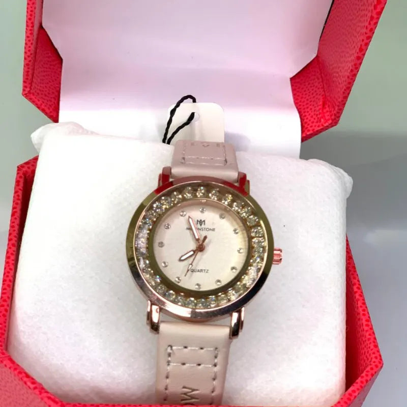 Moon Quartz Women’s Leather strap Watch with Crystal Bezel