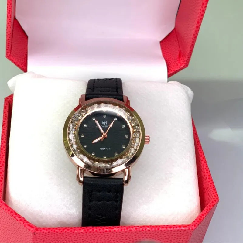 Moon Quartz Women’s Leather strap Watch with Crystal Bezel