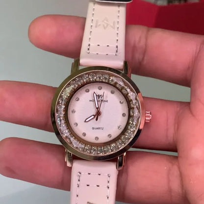 Moon Quartz Women’s Leather strap Watch with Crystal Bezel