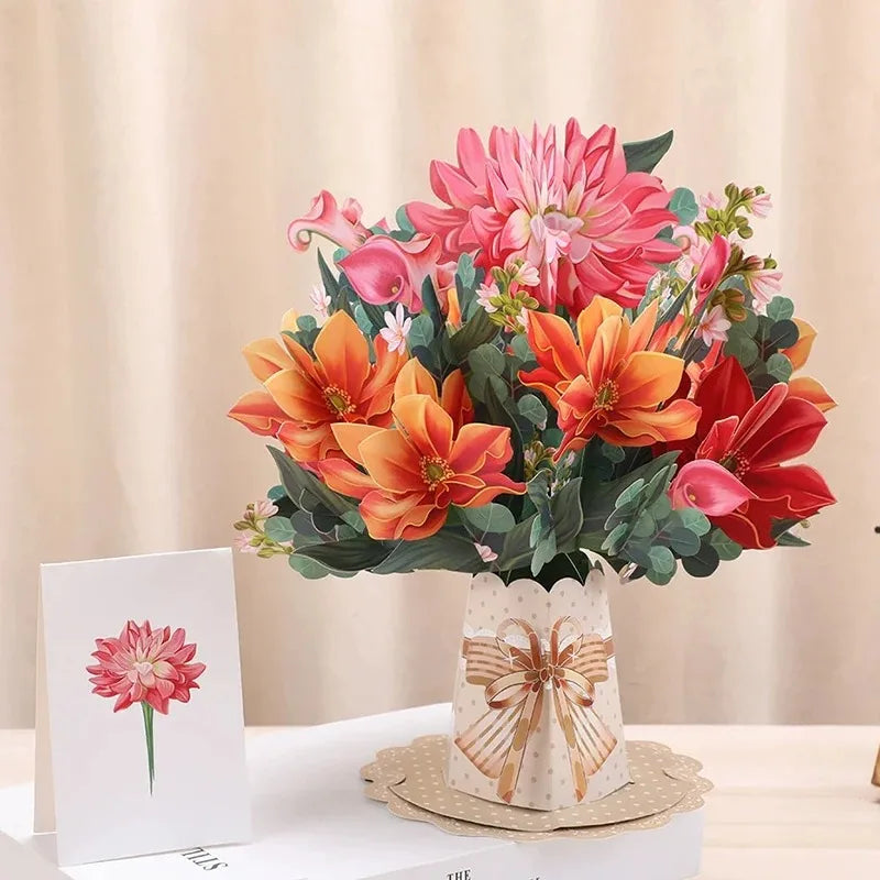 Premium 3D Pop Up Flower Bouquet Card Mothers Day Gift Valentines Day Anniversary Birthday Greeting Cards Thank You Wishes Gifts