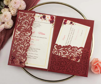 1pcs White Red Black Pink Navy Blue Laser Cut trifold Wedding Invitation Cards 3 fold Personalized Pocket Invite Customized RSVP