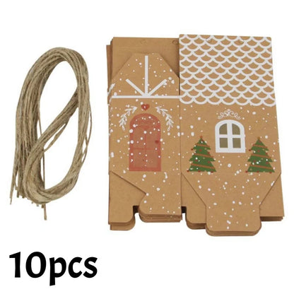 20/10pc Christmas Candy Box House-shaped Kraft Paper Gift Bag for Cookie Pack with Twine Festival Party Favors Xmas Tree Decor