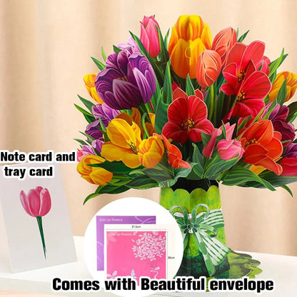 Premium 3D Pop Up Flower Bouquet Card Mothers Day Gift Valentines Day Anniversary Birthday Greeting Cards Thank You Wishes Gifts