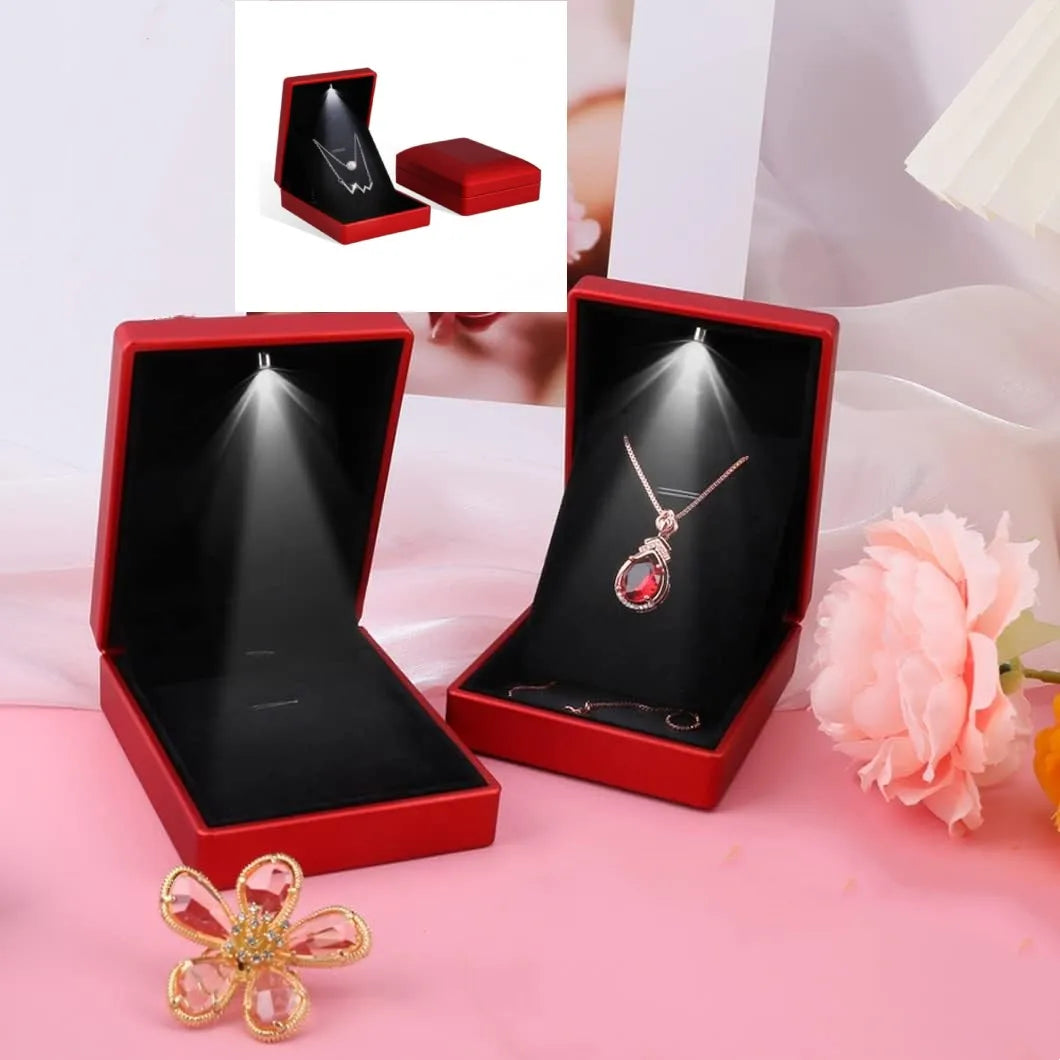 Pendant Box with LED Light Jewelry Case Square Shaped Box Velvet Jewelry Gift Boxes LED Necklace Box for Engagement Proposal