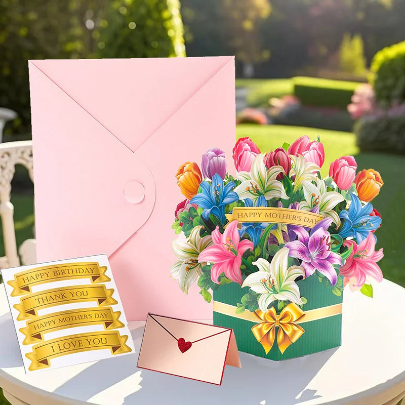 Premium 3D Pop Up Flower Bouquet Card Mothers Day Gift Valentines Day Anniversary Birthday Greeting Cards Thank You Wishes Gifts