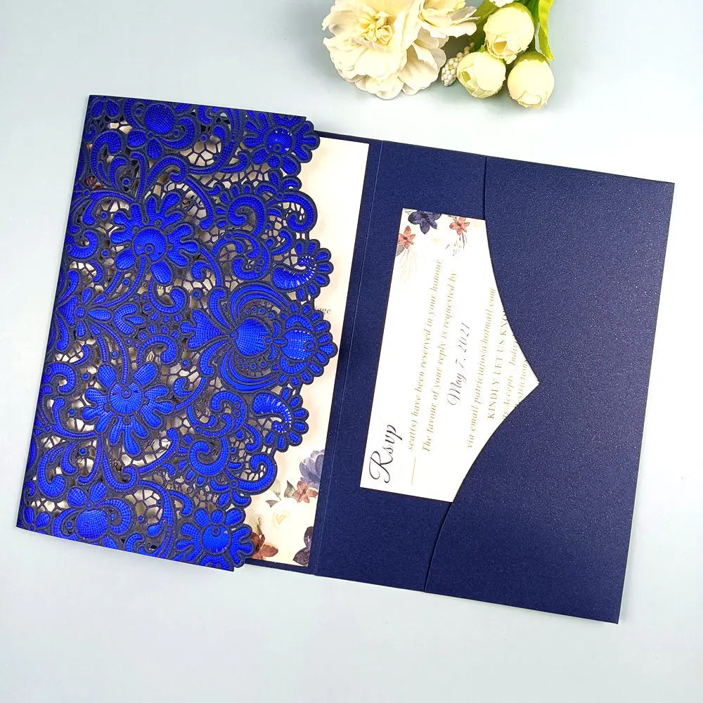1pcs White Red Black Pink Navy Blue Laser Cut trifold Wedding Invitation Cards 3 fold Personalized Pocket Invite Customized RSVP