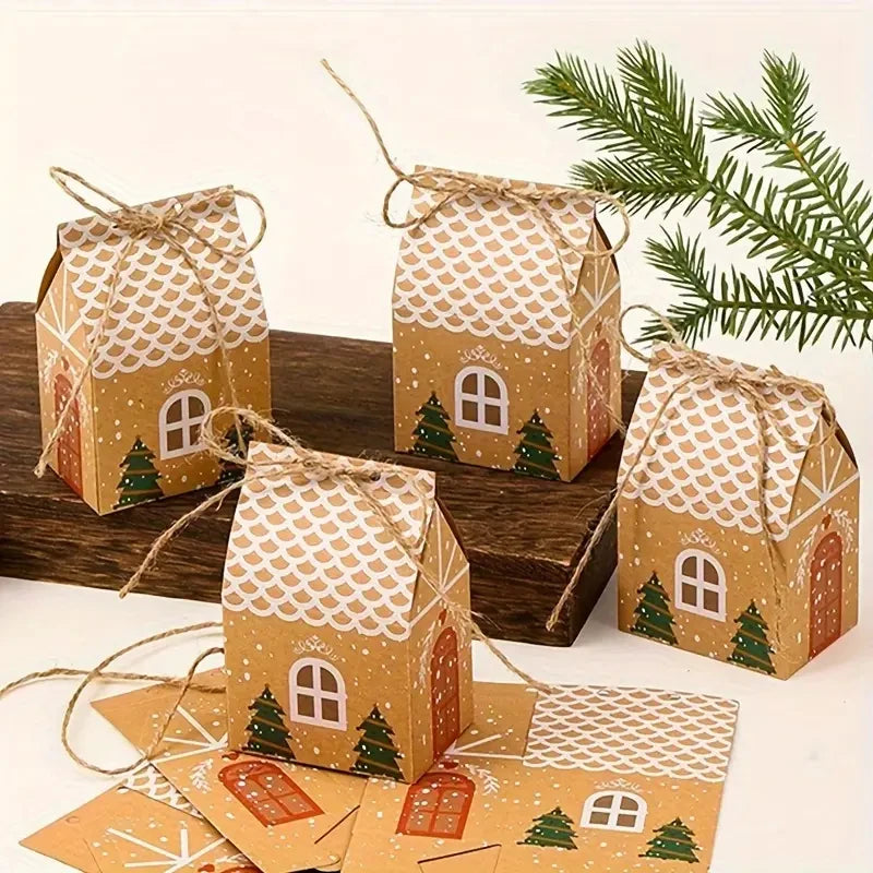 20/10pc Christmas Candy Box House-shaped Kraft Paper Gift Bag for Cookie Pack with Twine Festival Party Favors Xmas Tree Decor