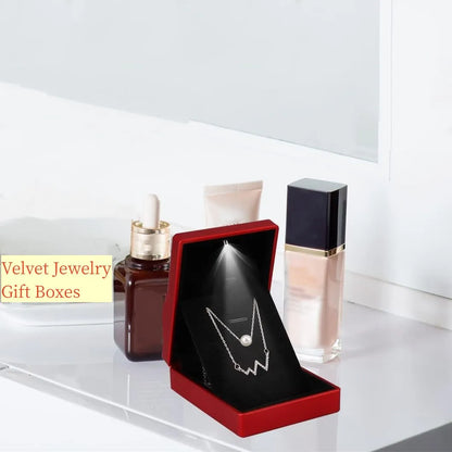 Pendant Box with LED Light Jewelry Case Square Shaped Box Velvet Jewelry Gift Boxes LED Necklace Box for Engagement Proposal