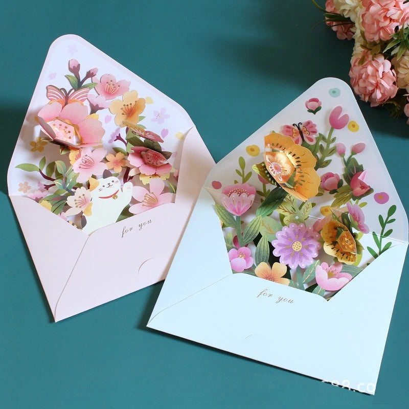 New Romantic Flower Birthday Christmas Card 3D Pop-up Greeting Cards Set Postcard Party Wedding Decor Creative Gifts Cards