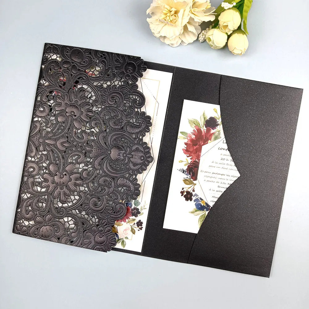 1pcs White Red Black Pink Navy Blue Laser Cut trifold Wedding Invitation Cards 3 fold Personalized Pocket Invite Customized RSVP