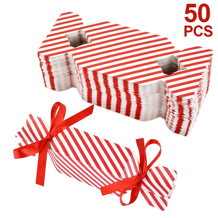 10/50pcs Christmas Red Candy Box with Ribbons Chocolate Cookies Packaging Bag DIY Xmas Tree Ornaments Decoration Wedding Party