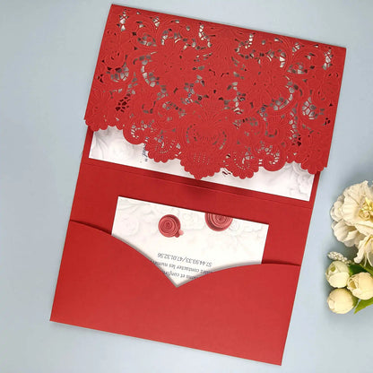 1pcs White Red Black Pink Navy Blue Laser Cut trifold Wedding Invitation Cards 3 fold Personalized Pocket Invite Customized RSVP