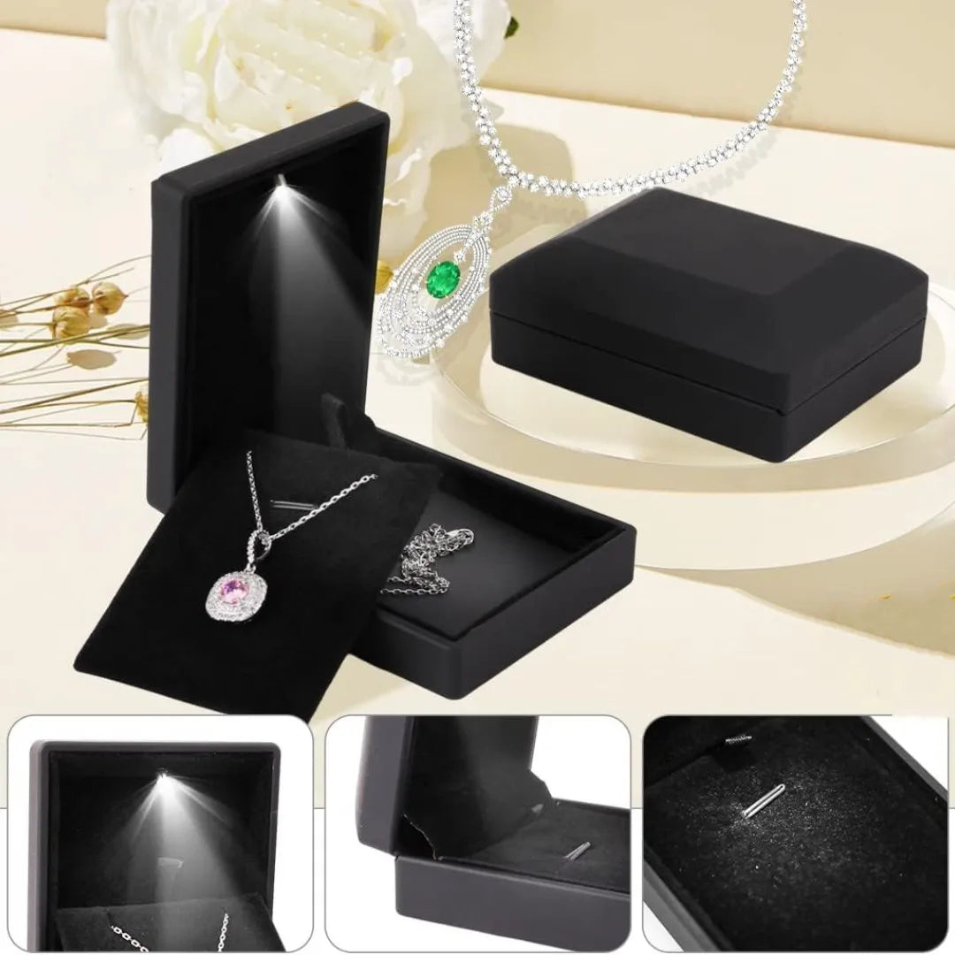 Pendant Box with LED Light Jewelry Case Square Shaped Box Velvet Jewelry Gift Boxes LED Necklace Box for Engagement Proposal