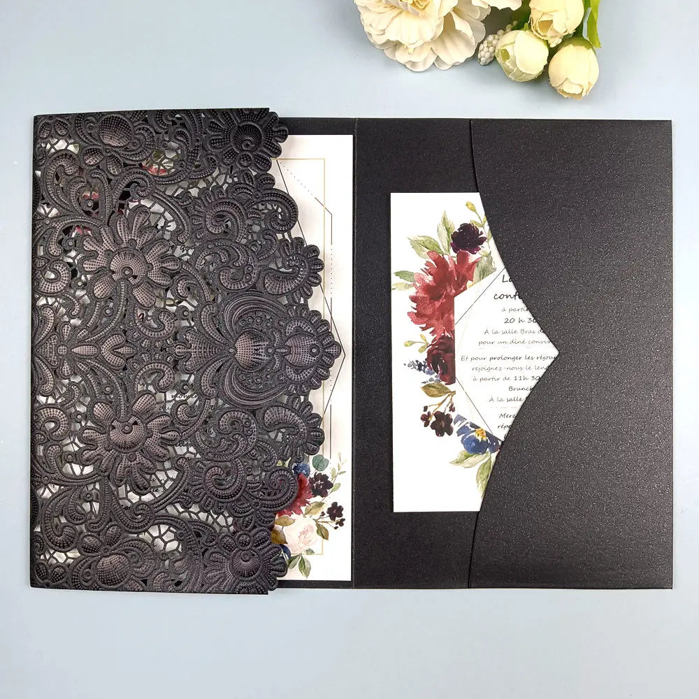 1pcs White Red Black Pink Navy Blue Laser Cut trifold Wedding Invitation Cards 3 fold Personalized Pocket Invite Customized RSVP