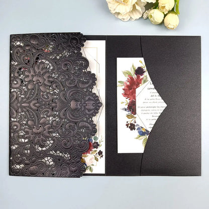 1pcs White Red Black Pink Navy Blue Laser Cut trifold Wedding Invitation Cards 3 fold Personalized Pocket Invite Customized RSVP