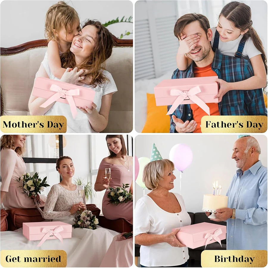 Pink/Black Magnetic Closure Gift Box with Raffia Gold Envelopes Wedding Birthday Jewelry Special Occasion Packaging JXB
