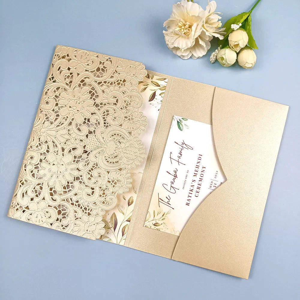 1pcs White Red Black Pink Navy Blue Laser Cut trifold Wedding Invitation Cards 3 fold Personalized Pocket Invite Customized RSVP