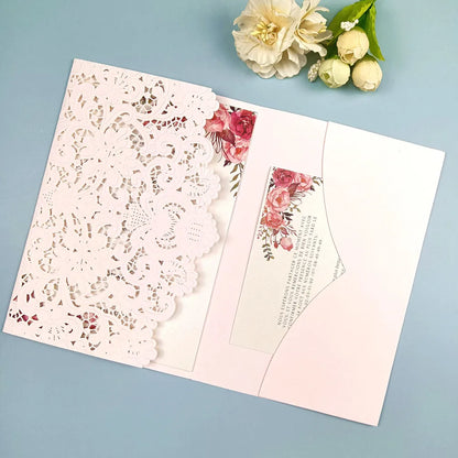 1pcs White Red Black Pink Navy Blue Laser Cut trifold Wedding Invitation Cards 3 fold Personalized Pocket Invite Customized RSVP