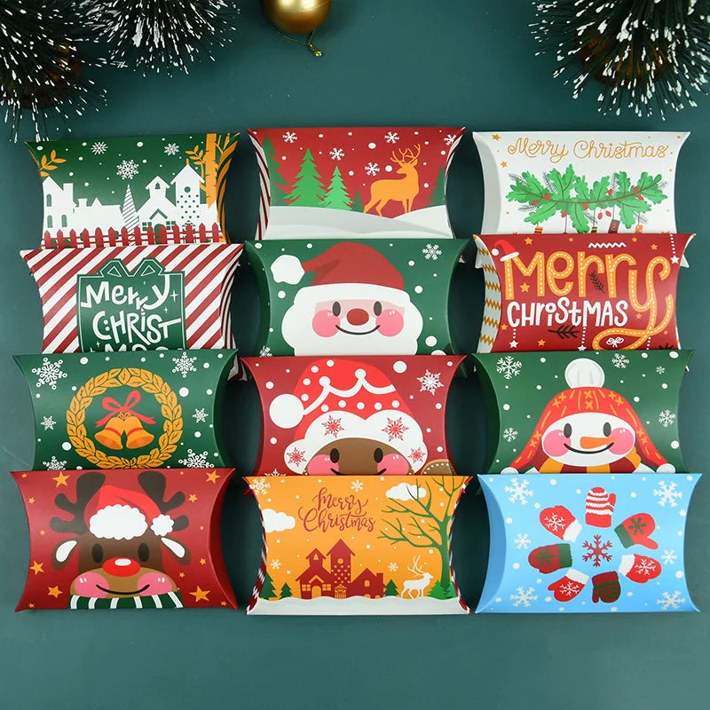 24/12pcs Christmas Pillow Shape Candy Box Merry Christmas Kraft Paper Gift Box Packging Kids Favors Happy New Year Navidad 2025