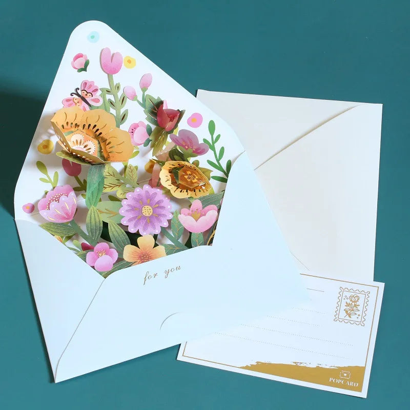 New Romantic Flower Birthday Christmas Card 3D Pop-up Greeting Cards Set Postcard Party Wedding Decor Creative Gifts Cards