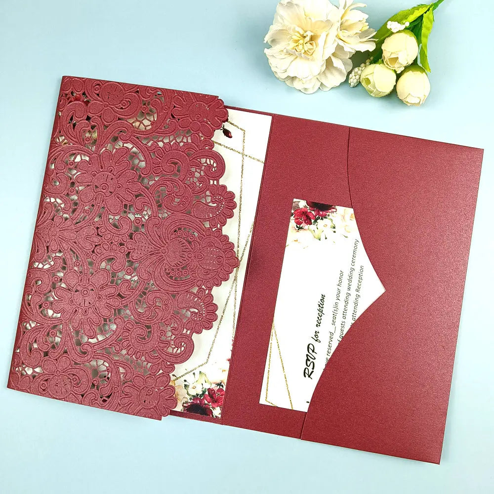1pcs White Red Black Pink Navy Blue Laser Cut trifold Wedding Invitation Cards 3 fold Personalized Pocket Invite Customized RSVP