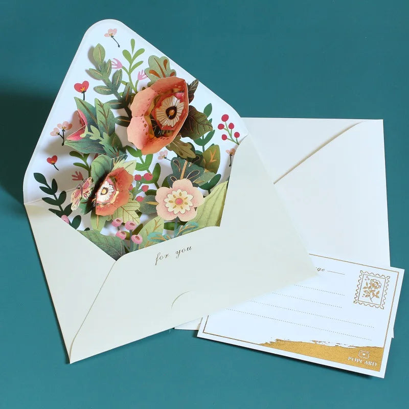 New Romantic Flower Birthday Christmas Card 3D Pop-up Greeting Cards Set Postcard Party Wedding Decor Creative Gifts Cards