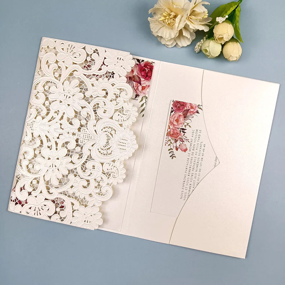 1pcs White Red Black Pink Navy Blue Laser Cut trifold Wedding Invitation Cards 3 fold Personalized Pocket Invite Customized RSVP