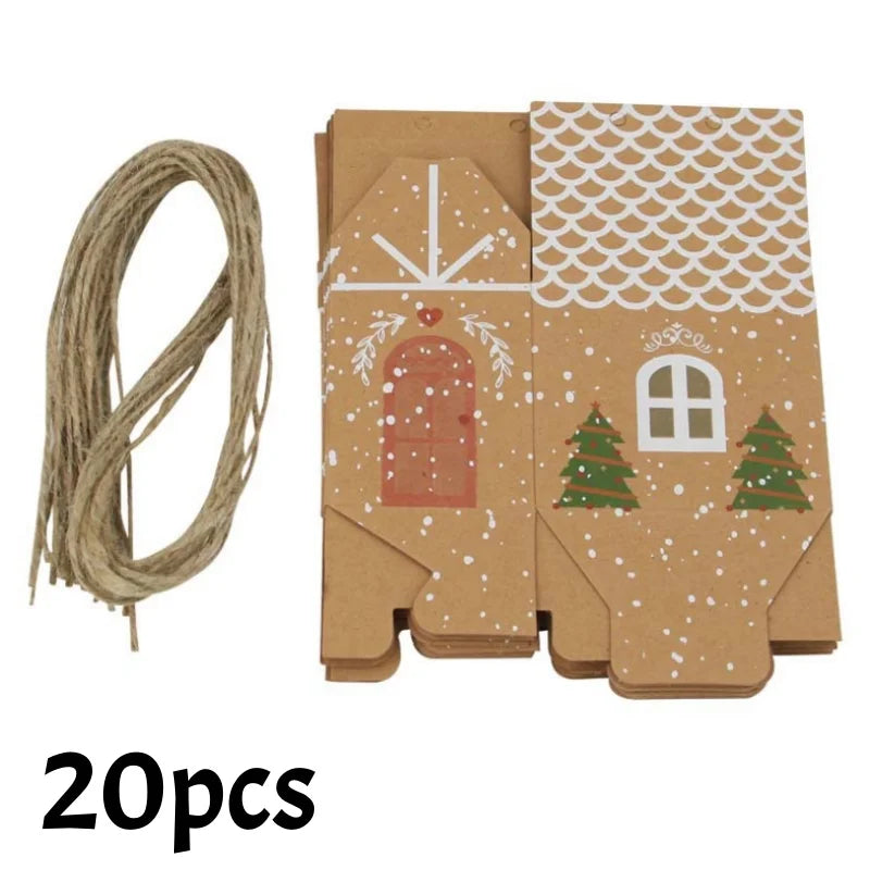 20/10pc Christmas Candy Box House-shaped Kraft Paper Gift Bag for Cookie Pack with Twine Festival Party Favors Xmas Tree Decor