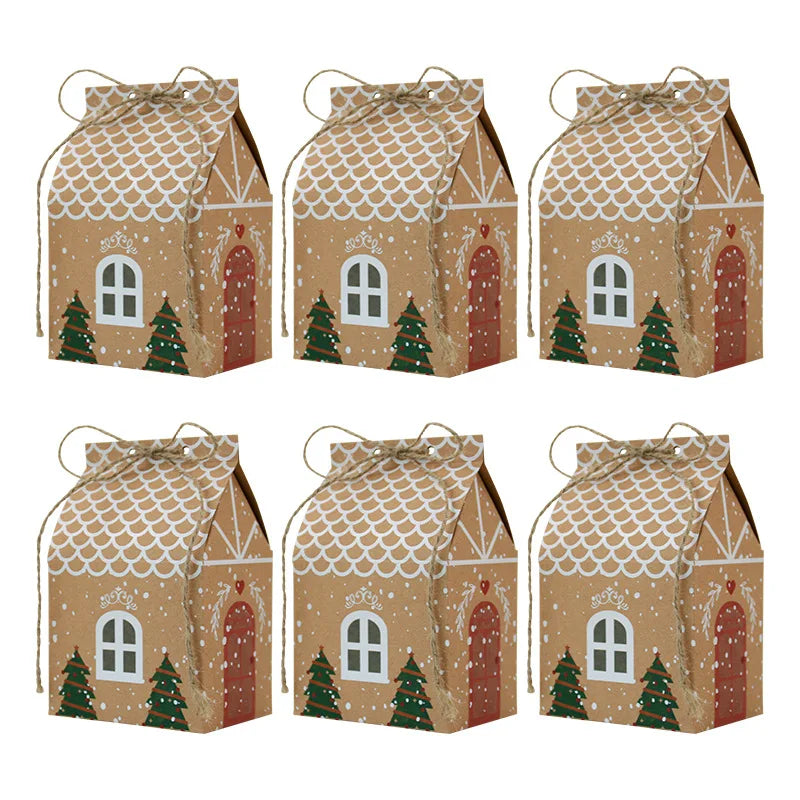 20/10pc Christmas Candy Box House-shaped Kraft Paper Gift Bag for Cookie Pack with Twine Festival Party Favors Xmas Tree Decor