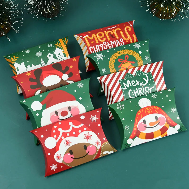 24/12pcs Christmas Pillow Shape Candy Box Merry Christmas Kraft Paper Gift Box Packging Kids Favors Happy New Year Navidad 2025