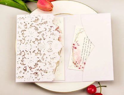 1pcs White Red Black Pink Navy Blue Laser Cut trifold Wedding Invitation Cards 3 fold Personalized Pocket Invite Customized RSVP