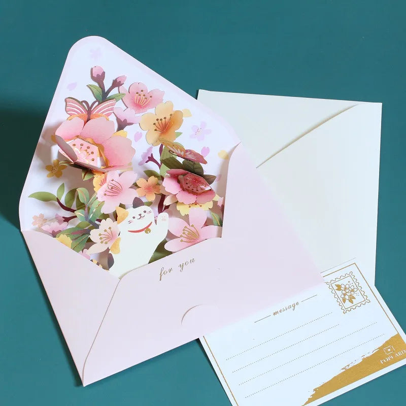 New Romantic Flower Birthday Christmas Card 3D Pop-up Greeting Cards Set Postcard Party Wedding Decor Creative Gifts Cards