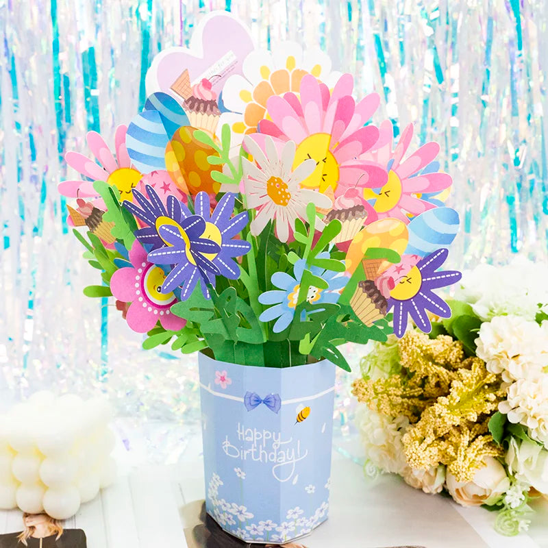Premium 3D Pop Up Flower Bouquet Card Mothers Day Gift Valentines Day Anniversary Birthday Greeting Cards Thank You Wishes Gifts