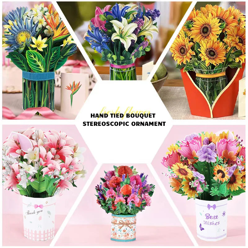 Premium 3D Pop Up Flower Bouquet Card Mothers Day Gift Valentines Day Anniversary Birthday Greeting Cards Thank You Wishes Gifts