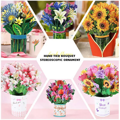 Premium 3D Pop Up Flower Bouquet Card Mothers Day Gift Valentines Day Anniversary Birthday Greeting Cards Thank You Wishes Gifts