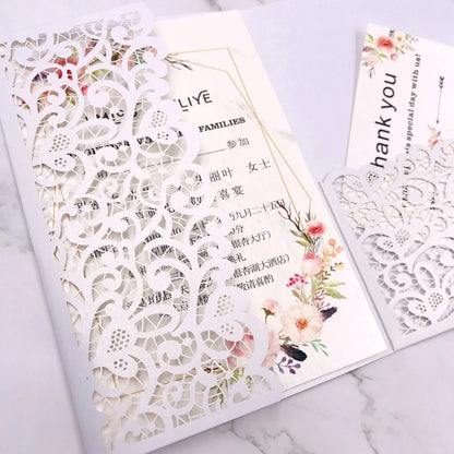 1pcs White Red Black Pink Navy Blue Laser Cut trifold Wedding Invitation Cards 3 fold Personalized Pocket Invite Customized RSVP