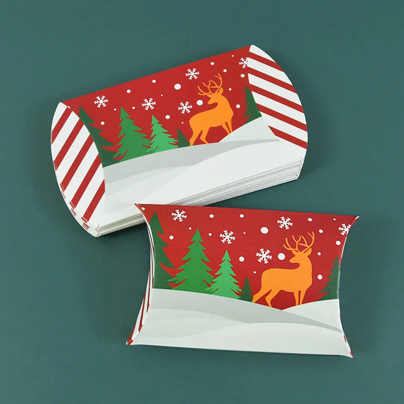 24/12pcs Christmas Pillow Shape Candy Box Merry Christmas Kraft Paper Gift Box Packging Kids Favors Happy New Year Navidad 2025